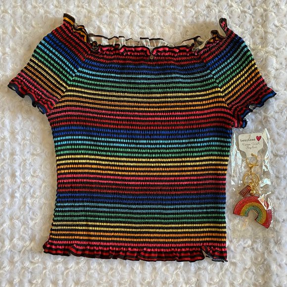 Beautees Girls Rainbow Colors Stretch Short Sleeve Top-L - Picture 1 of 7